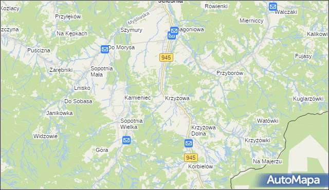 mapa Krzyżowa gmina Jeleśnia, Krzyżowa gmina Jeleśnia na mapie Targeo