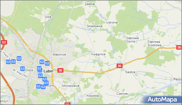 mapa Księginice gmina Lubin, Księginice gmina Lubin na mapie Targeo