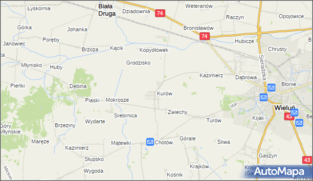 mapa Kurów gmina Wieluń, Kurów gmina Wieluń na mapie Targeo