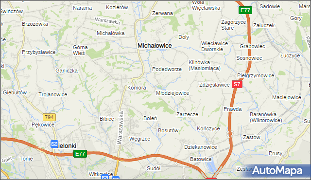 mapa Młodziejowice gmina Michałowice, Młodziejowice gmina Michałowice na mapie Targeo
