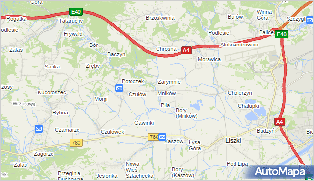 mapa Mników gmina Liszki, Mników gmina Liszki na mapie Targeo