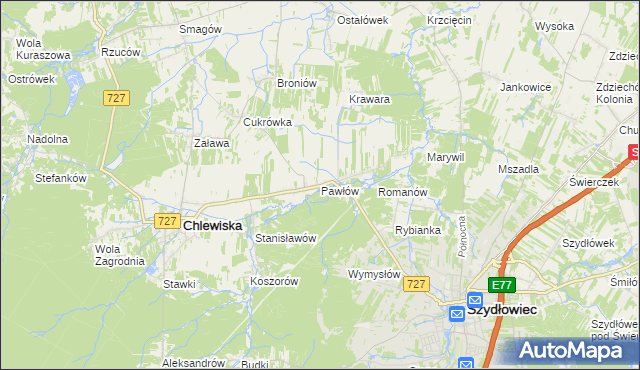 mapa Pawłów gmina Chlewiska, Pawłów gmina Chlewiska na mapie Targeo