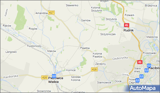 mapa Pawłów gmina Pietrowice Wielkie, Pawłów gmina Pietrowice Wielkie na mapie Targeo