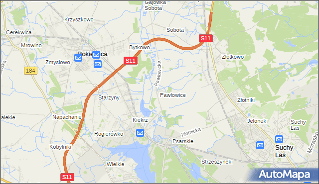 mapa Pawłowice gmina Rokietnica, Pawłowice gmina Rokietnica na mapie Targeo