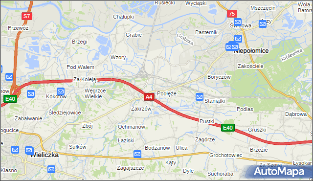 mapa Podłęże gmina Niepołomice, Podłęże gmina Niepołomice na mapie Targeo