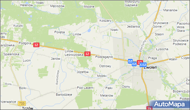 mapa Podzagajnik gmina Zwoleń, Podzagajnik gmina Zwoleń na mapie Targeo