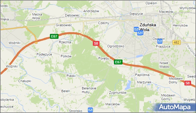 mapa Poręby gmina Zduńska Wola, Poręby gmina Zduńska Wola na mapie Targeo