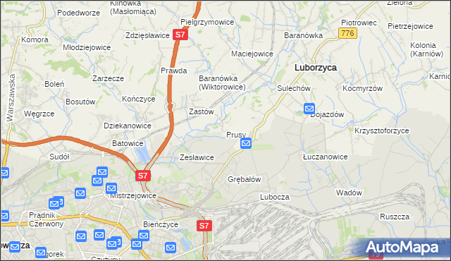 mapa Prusy gmina Kocmyrzów-Luborzyca, Prusy gmina Kocmyrzów-Luborzyca na mapie Targeo