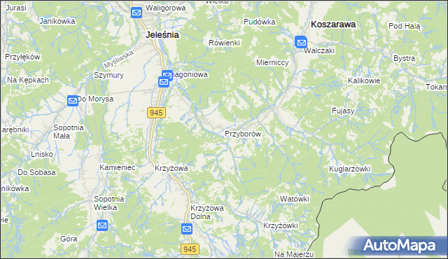 mapa Przyborów gmina Jeleśnia, Przyborów gmina Jeleśnia na mapie Targeo