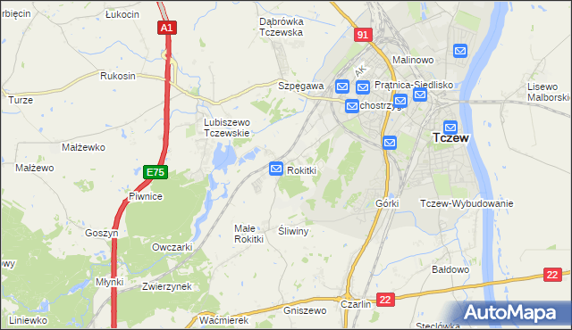 mapa Rokitki gmina Tczew, Rokitki gmina Tczew na mapie Targeo