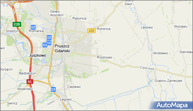 mapa Roszkowo gmina Pruszcz Gdański, Roszkowo gmina Pruszcz Gdański na mapie Targeo