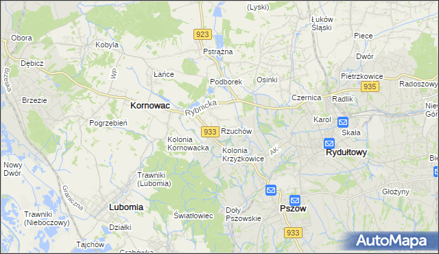 mapa Rzuchów gmina Kornowac, Rzuchów gmina Kornowac na mapie Targeo