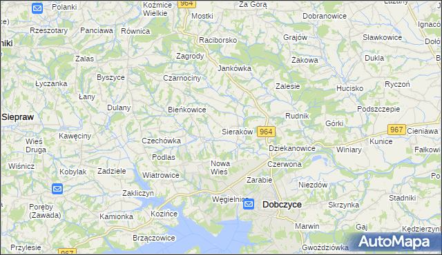mapa Sieraków gmina Dobczyce, Sieraków gmina Dobczyce na mapie Targeo