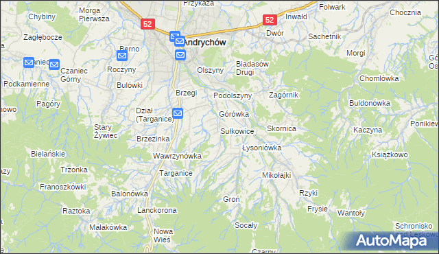 mapa Sułkowice gmina Andrychów, Sułkowice gmina Andrychów na mapie Targeo