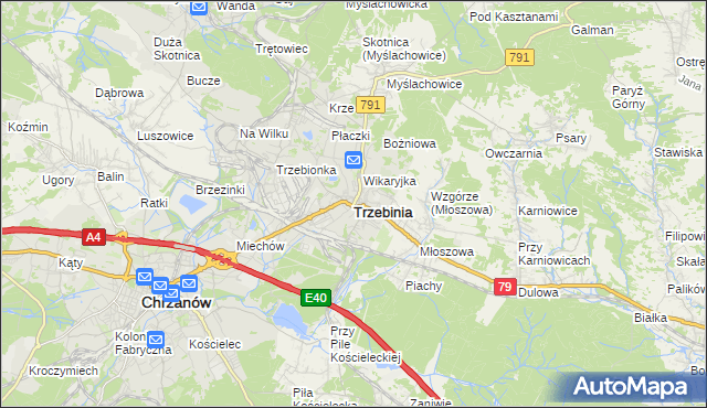 mapa Trzebinia powiat chrzanowski, Trzebinia powiat chrzanowski na mapie Targeo