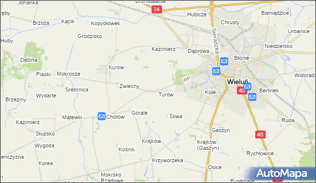 mapa Turów gmina Wieluń, Turów gmina Wieluń na mapie Targeo