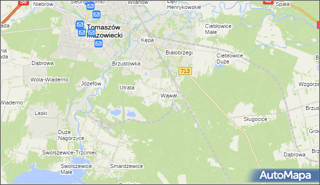 mapa Wąwał gmina Tomaszów Mazowiecki, Wąwał gmina Tomaszów Mazowiecki na mapie Targeo