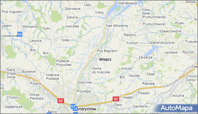 mapa Wieprz powiat wadowicki, Wieprz powiat wadowicki na mapie Targeo