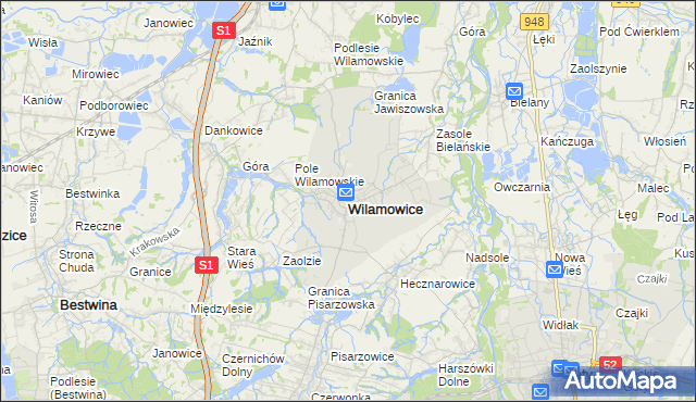 mapa Wilamowice powiat bielski, Wilamowice powiat bielski na mapie Targeo