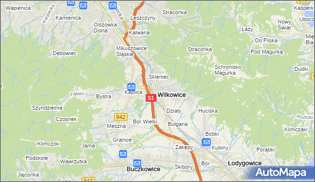 mapa Wilkowice powiat bielski, Wilkowice powiat bielski na mapie Targeo