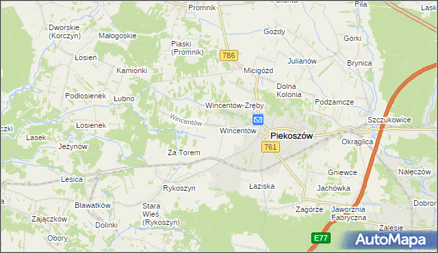 mapa Wincentów gmina Piekoszów, Wincentów gmina Piekoszów na mapie Targeo