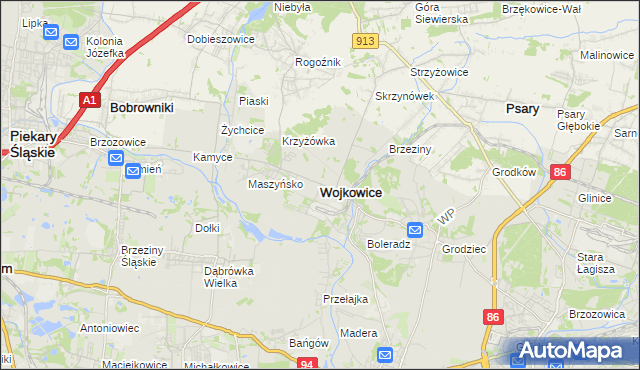 mapa Wojkowice powiat będziński, Wojkowice powiat będziński na mapie Targeo