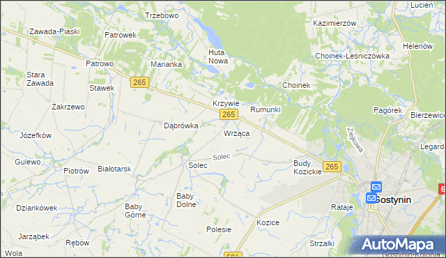 mapa Wrząca gmina Gostynin, Wrząca gmina Gostynin na mapie Targeo