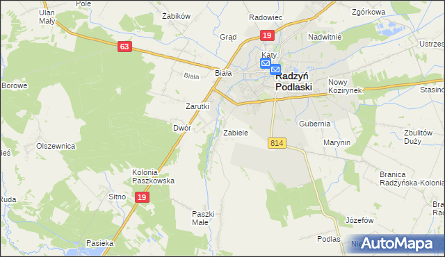 mapa Zabiele gmina Radzyń Podlaski, Zabiele gmina Radzyń Podlaski na mapie Targeo