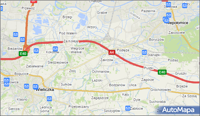 mapa Zakrzów gmina Niepołomice, Zakrzów gmina Niepołomice na mapie Targeo