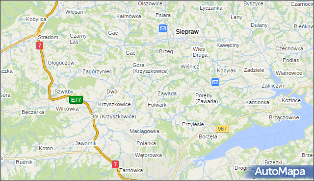 mapa Zawada gmina Myślenice, Zawada gmina Myślenice na mapie Targeo