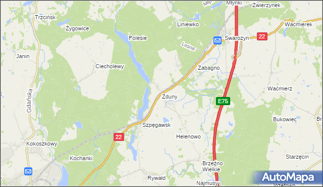 mapa Zduny gmina Starogard Gdański, Zduny gmina Starogard Gdański na mapie Targeo