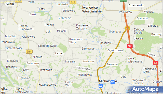 mapa Żerkowice gmina Iwanowice, Żerkowice gmina Iwanowice na mapie Targeo
