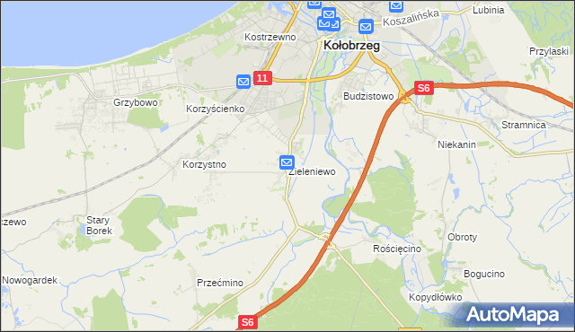 mapa Zieleniewo gmina Kołobrzeg, Zieleniewo gmina Kołobrzeg na mapie Targeo