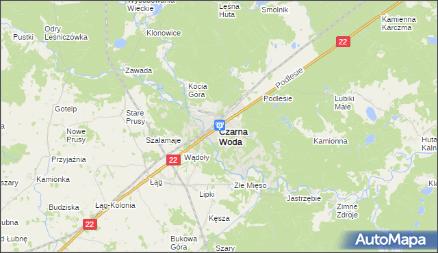 mapa Czarna Woda powiat starogardzki, Czarna Woda powiat starogardzki na mapie Targeo