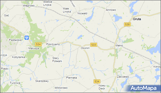 mapa Okonin gmina Gruta, Okonin gmina Gruta na mapie Targeo