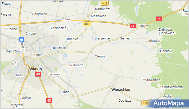 mapa Olewin gmina Wieluń, Olewin gmina Wieluń na mapie Targeo