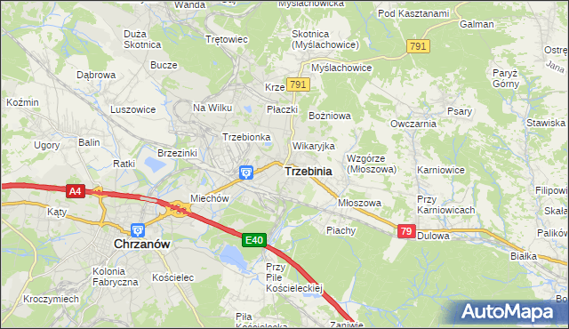 mapa Trzebinia powiat chrzanowski, Trzebinia powiat chrzanowski na mapie Targeo