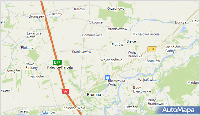 mapa Wojciechówka gmina Promna, Wojciechówka gmina Promna na mapie Targeo