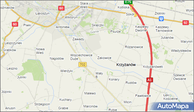 mapa Żakowice gmina Krzyżanów, Żakowice gmina Krzyżanów na mapie Targeo