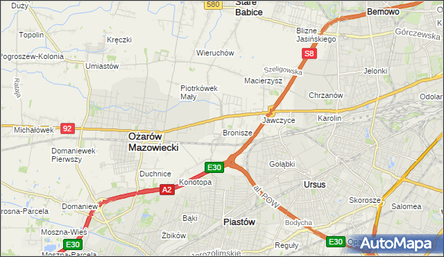 mapa Bronisze gmina Ożarów Mazowiecki, Bronisze gmina Ożarów Mazowiecki na mapie Targeo