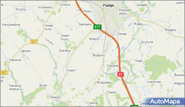 mapa Brzeziny gmina Pasłęk, Brzeziny gmina Pasłęk na mapie Targeo