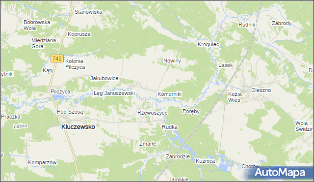 mapa Komorniki gmina Kluczewsko, Komorniki gmina Kluczewsko na mapie Targeo