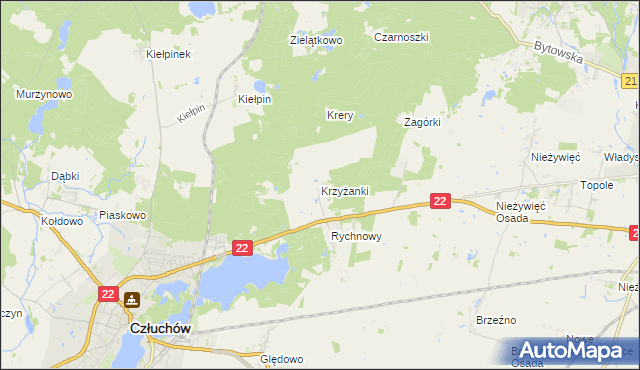 mapa Krzyżanki gmina Człuchów, Krzyżanki gmina Człuchów na mapie Targeo