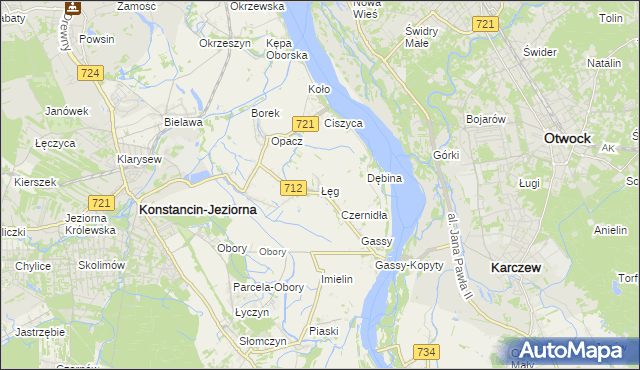 mapa Łęg gmina Konstancin-Jeziorna, Łęg gmina Konstancin-Jeziorna na mapie Targeo