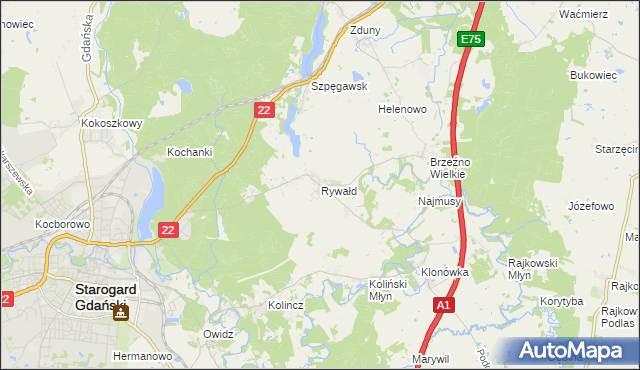 mapa Rywałd gmina Starogard Gdański, Rywałd gmina Starogard Gdański na mapie Targeo