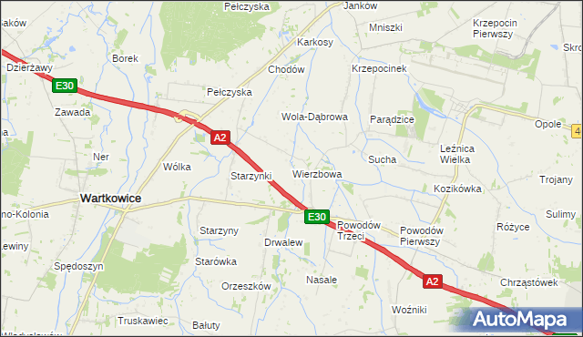 mapa Wierzbowa gmina Wartkowice, Wierzbowa gmina Wartkowice na mapie Targeo