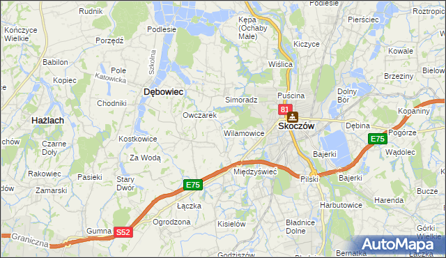 mapa Wilamowice gmina Skoczów, Wilamowice gmina Skoczów na mapie Targeo