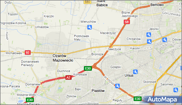 mapa Bronisze gmina Ożarów Mazowiecki, Bronisze gmina Ożarów Mazowiecki na mapie Targeo