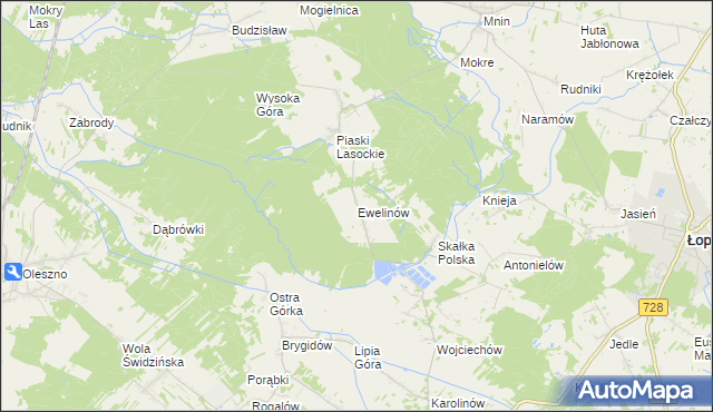 mapa Ewelinów gmina Łopuszno, Ewelinów gmina Łopuszno na mapie Targeo
