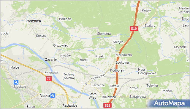 mapa Krzaki gmina Pysznica, Krzaki gmina Pysznica na mapie Targeo